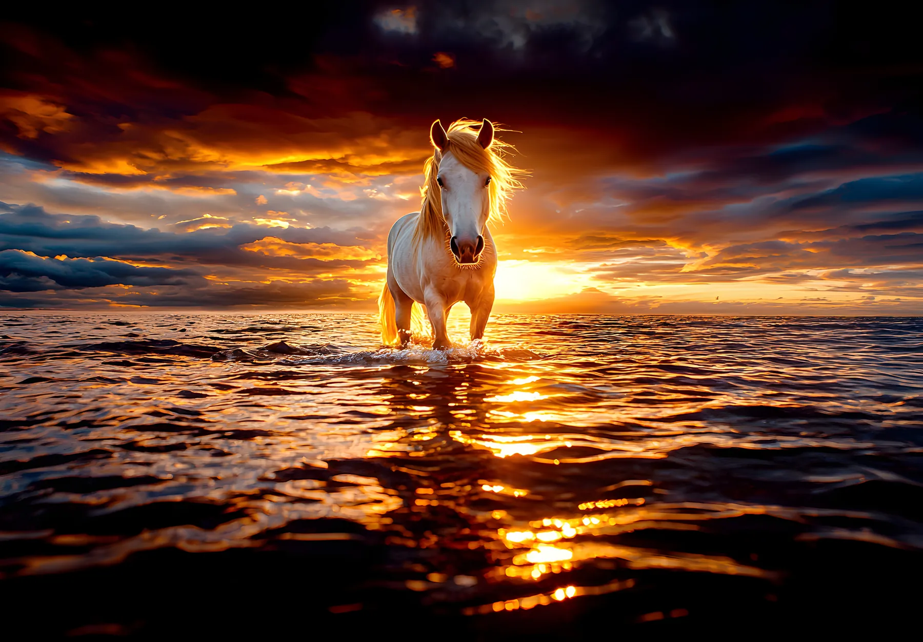A white horse walking through the surf at sunset